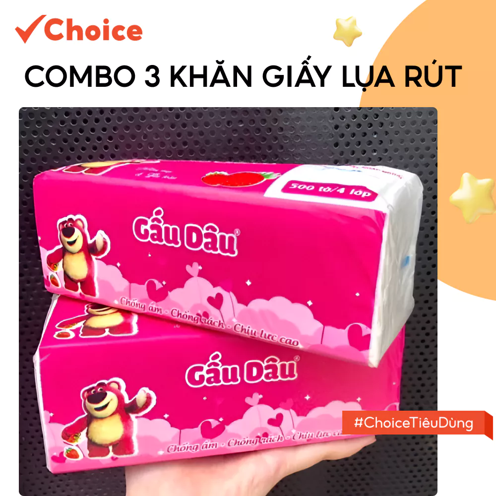 [New] [Choice] Combo 3 Khăn Giấy Lụa Rút Hồng Long HA33 Gấu dâu 500 tờ
