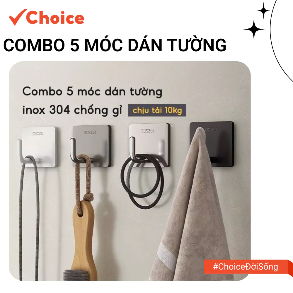[Choice] Combo 5 Móc Dán Tường LS1-2749-586 Chịu Lực, Inox 304, Đa Năng, Tiện Dụng