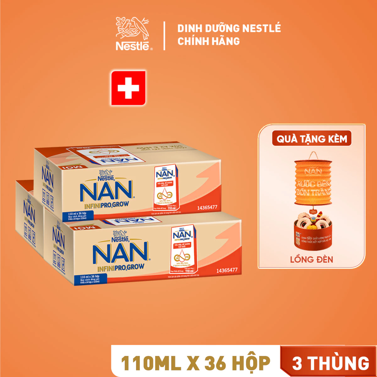 [Tặng lồng đèn] Combo 3 thùng Sữa pha sẵn Nestle NAN INFINIPRO GROW chứa sữa A2 và HMO giúp tiêu hóa, đề kháng (4x110ml)