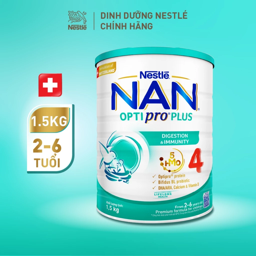 Sữa bột Nestle NAN OPTIPRO PLUS 4 1.5kg cho bé từ 2 - 6 tuổi giúp hỗ trợ tiêu hóa, đề kháng, trí não cho bé