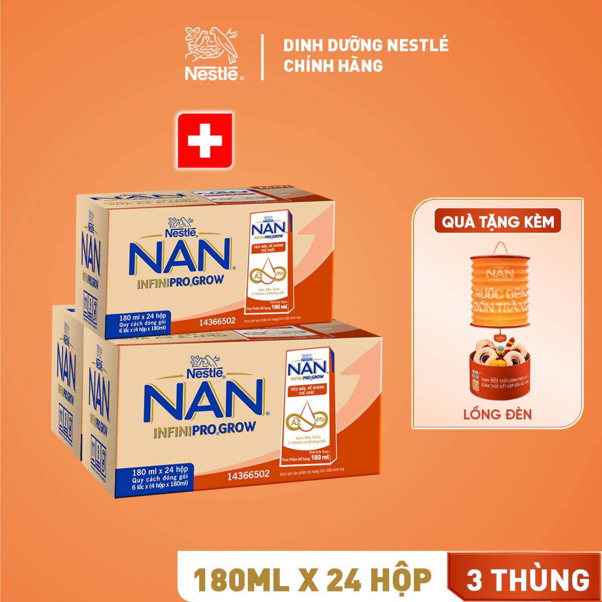 [Tặng lồng đèn] Combo 3 thùng Sữa pha sẵn Nestle NAN INFINIPRO GROW chứa sữa A2 và HMO giúp tiêu hóa, đề kháng (4x180ml)