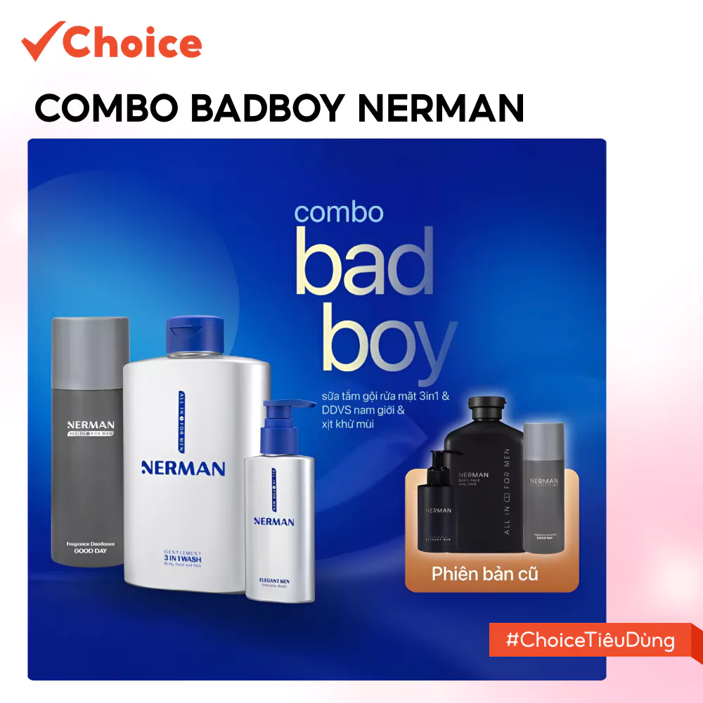 [Choice] Combo Badboy Nerman FM1-2436-1005 Sữa Tắm Gội Cho Nam,  Gel Vệ Sinh 60S, Xịt Toàn Thân