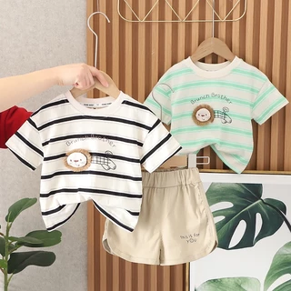 Set Áo Thun Tay Ngắn Cổ Tròn + Quần Short Cotton Họa Tiết Sư Tử Hoạt Hình Dành Cho Bé 80-120cm