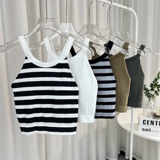 Áo Tank Top Hai Dây Hở Lưng Có Mút Đệm Ngực Họa Tiết Kẻ Sọc Thời Trang Cho Nữ