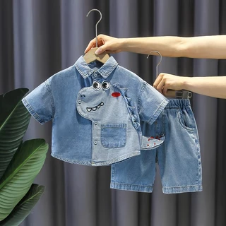 Set Áo Sơ Mi Denim + Quần Dài Phong Cách Thời Trang Mùa Hè 2023 Mới Cho Bé Trai