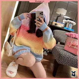 Áo sweater Có Mũ Trùm Dáng Rộng Dày Dặn Họa Tiết Cầu Vồng Dễ Thương Cho Nữ