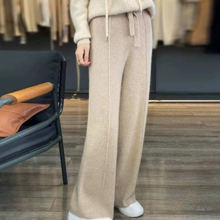 Quần Len cashmere Ống Rộng Lưng Cao Thời Trang Mùa Thu Cho Nữ