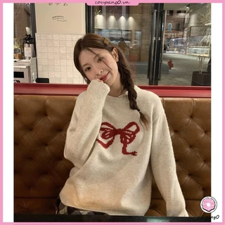 Áo Sweater Dệt Kim Đính Nơ Dáng Rộng Dễ Thương