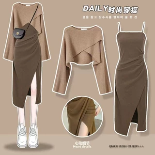 Bộ Áo sweater Dáng Rộng + Chân Váy Hai Dây Phong Cách hong kong Cổ Điển Thời Trang Mùa Thu Cho Nữ 11.18