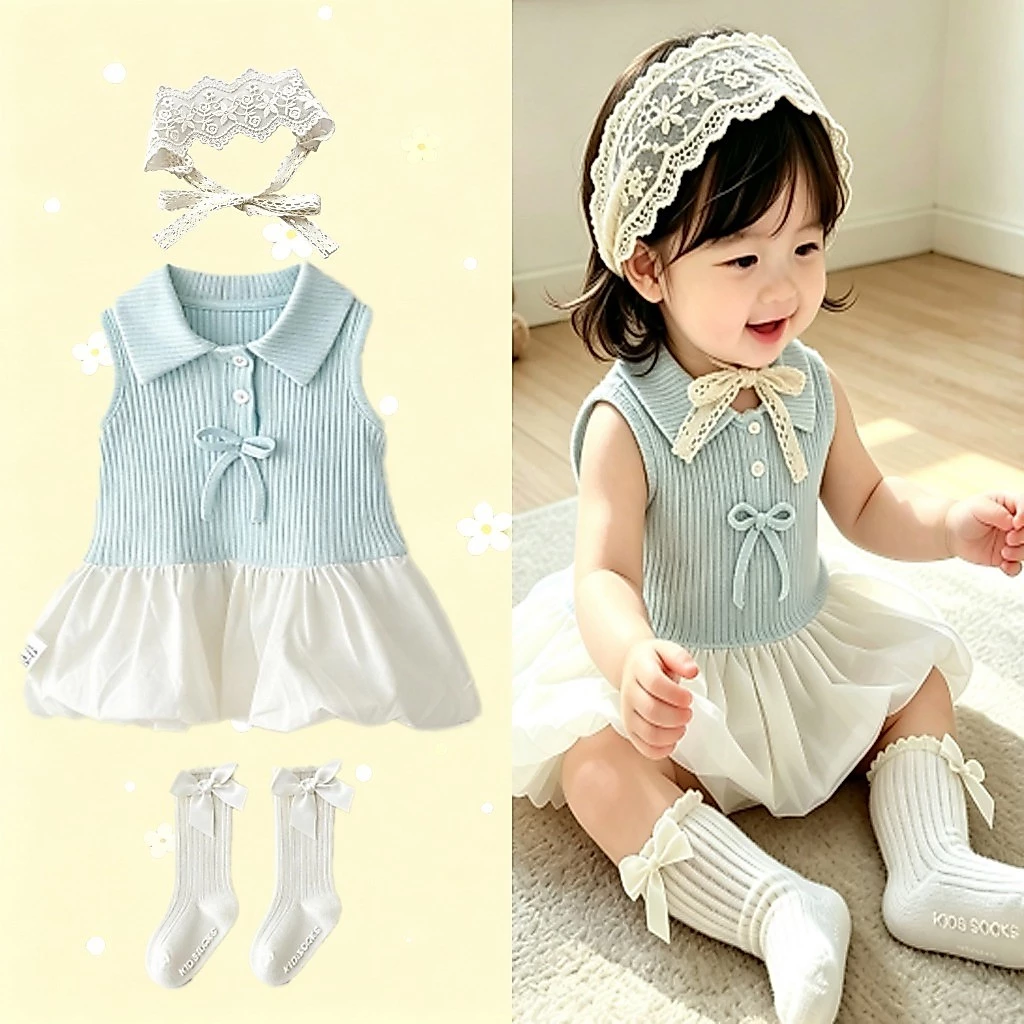 Mùa Hè Mới Không Tay Áo liền quần Cho Bé Gái Từ Tuổi Thân Thiện Với Da Thoải Mái Nơ Ngọt Ngào Phong Cách Công Chúa Đầm