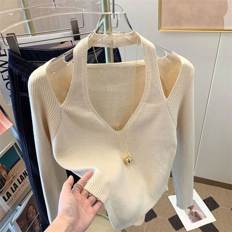 Áo Sweater Mỏng Cổ Chữ V Hở Vai Ôm Dáng Phong Cách Pháp Quyến Rũ