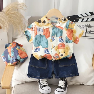 Bộ Áo Sơ Mi Ngắn Tay In Hình Gấu + Quần Short Denim Thời Trang Mùa Hè Kiểu Mới Cho Bé Kích Thước 80-120cm