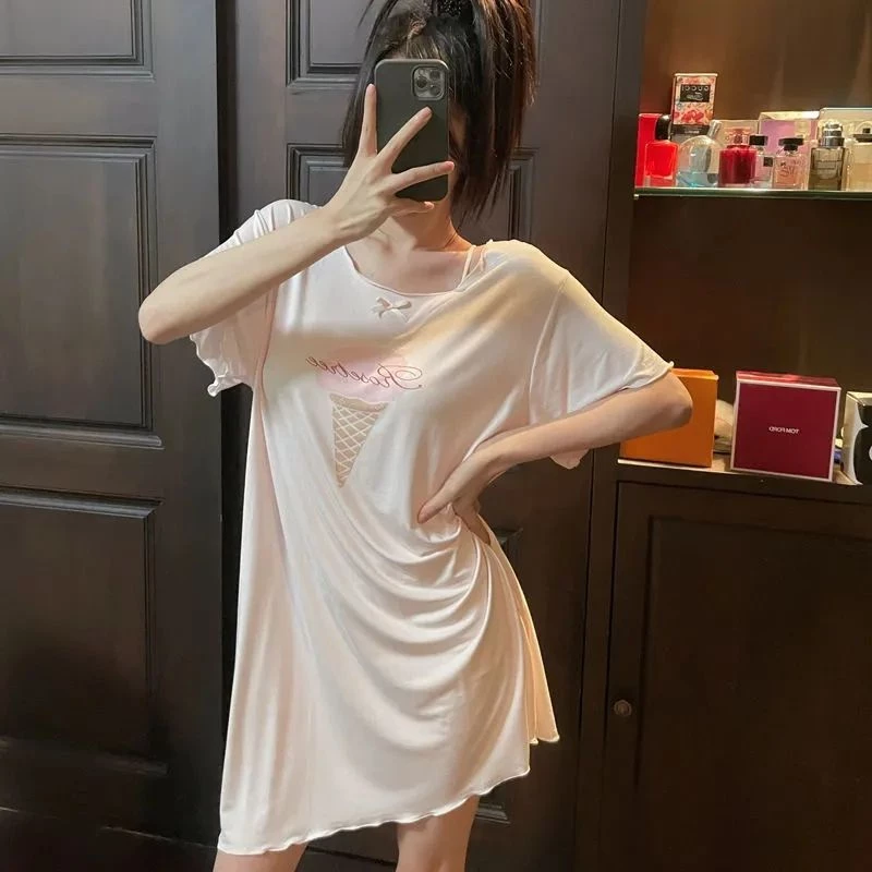 Đầm Ngủ Tay Ngắn Cổ Tròn Dáng Rộng In Họa Tiết Cây Kem Phong Cách Nhật Bản Thời Trang Cho Nữ