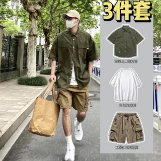 【luckin men's】áo sơ mi+quần short nam，bộ đồ，quần đùi nam，áo thun unisex，Set Áo Sơ Mi Ngắn Tay + Quần short Dây Rút Phong Cách retro Thời Trang Cho Nam，đồ bộ nam，áo phông nam，áo thun form rộng，bigsize t shirt，quần túi hộp，xanh，kaki，quần ulzzang，