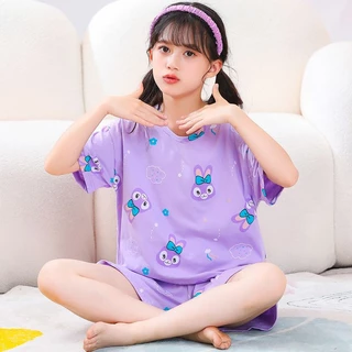 Hàng sẵn có ~ [Khuyến mãi] Bộ đồ ngắn tay 3-18 tuổi Bộ đồ ngủ Cotton nguyên chất Bộ đồ ngủ nữ phong cách mỏng Bộ đồ mặc nhà cho bé gái Bộ đồ điều hòa ngắn tay cho trẻ em