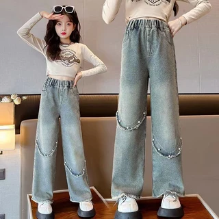 Hàng Mới Về [Hàng Mới Về] Quần jeans Ống Rộng Phong Cách Hàn Quốc Cho Bé Gái