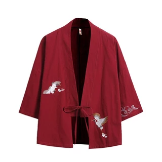 Áo Khoác Kimono Nhật Bản Dáng Rộng Thêu Hình Chim Hạc Phong Cách Hanfu Retro Nhật Bản Dành Cho Nam LF12.29