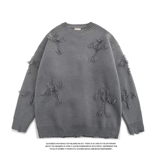 [yuanz] Áo Khoác sweater Dày Dáng Rộng Cổ Tròn Rách Cao Đường Phố Mỹ Thời Trang Thu Đông Cho Nam Và Nữ