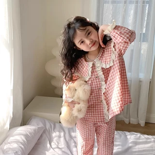 Bộ Đồ Ngủ Pijama Tay Dài Cổ Búp Bê Phong Cách Phương Tây Thời Trang Xuân Thu Cho Bé Gái