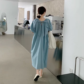 Đầm Tay Phồng Màu Trơn Đính Nơ Phong Cách Nhật Bản Thời Trang Cho Nữ