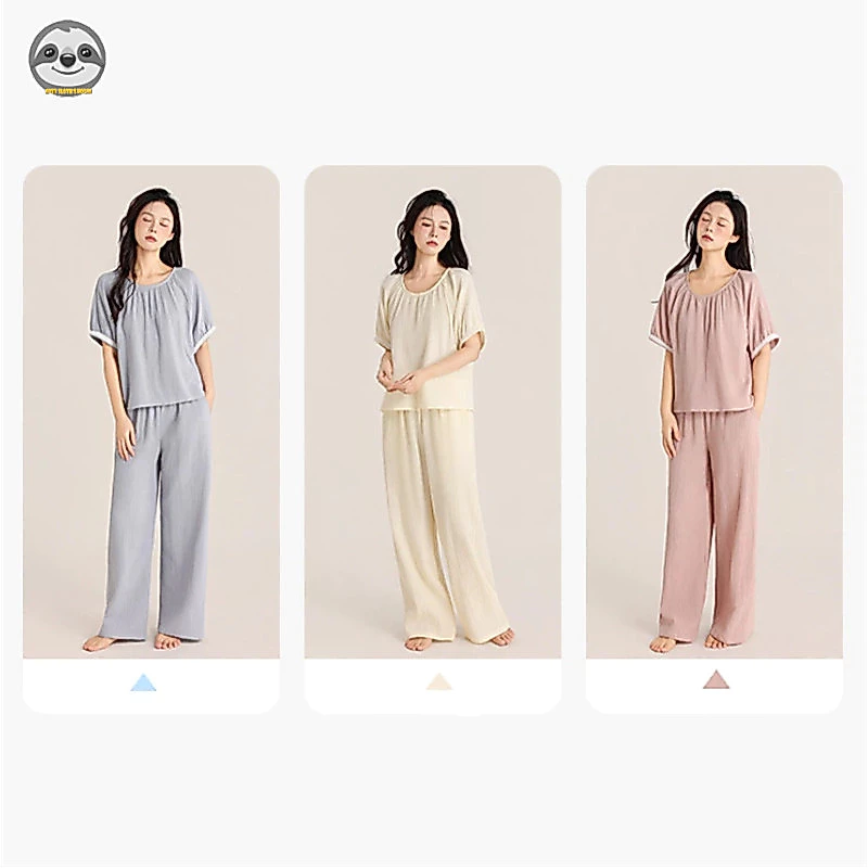 Bộ đồ ngủ Cotton nguyên chất Crepe màu trơn dành cho nữ / Quần ngắn tay màu trơn mùa hè Quần dài tay màu trơn / Đồ ngủ ngoài thoải mái đơn giản