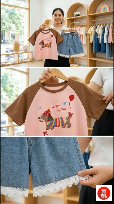 ￼MIIUKA bộ đồ bé gái áo thun phối màu quần short jean ren phong cách ngọt ngào mặc đi chơi#ShopeeVideo #VideohangThoiTrang #ShopeeStyle #KOCUyTin
