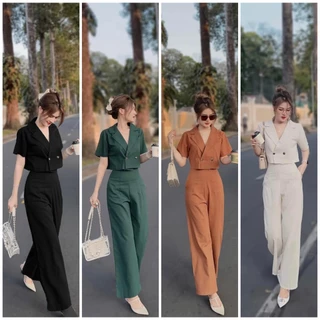 SET ÁO CROPTOP CỔ VEST + QUẦN SUÔNG 4 MÀU