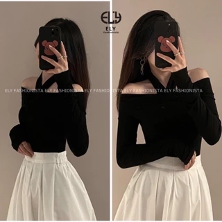 Áo kiểu thun croptop trễ vai tay dài phối dây hở vai sexy cho nữ