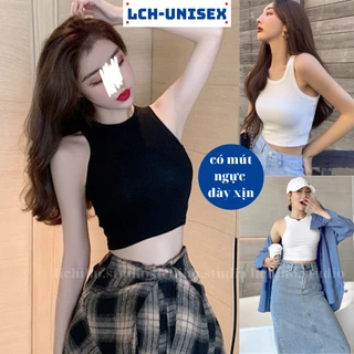 Áo croptop trơn có mút ngực Lch áo ba lỗ ngược basic áo thun sát nách nữ cổ tròn vải thun mềm mịn