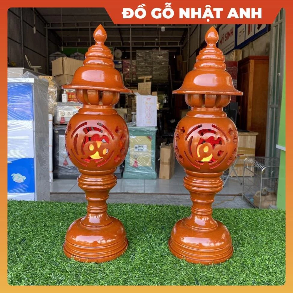 Cặp đèn phòng thờ tổ ong màu cánh dán gỗ hương đỏ để bàn tủ, Đồ thờ cúng phong thuỷ Nhật Anh