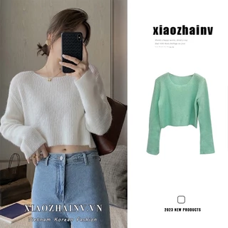 Xiaozhainv Áo sweater croptop dài tay dáng rộng thời trang Hàn Quốc cho nữ