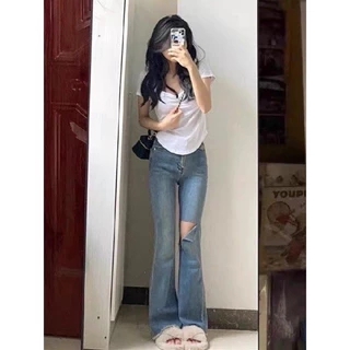 Quần jeans ống loe co dãn rách đùi lưng cao phong cách hàn quốc