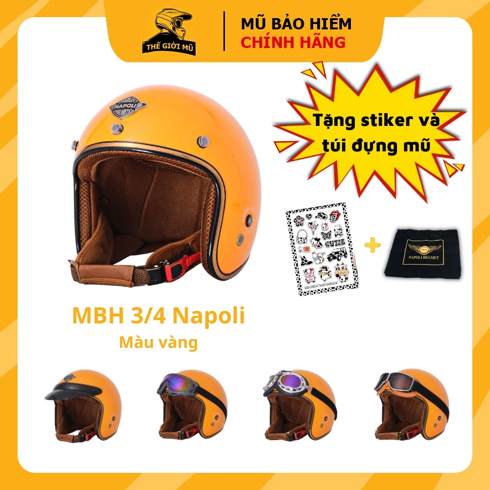 Mũ bảo hiểm 3/4 đầu Napoli SH màu vàng bóng vintage,nón ba phần tư gọn,nhẹ nhất phù hợp cho nam và nữ, bảo hành 12 tháng