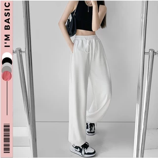 Quần Jogger Nữ Chun Ống Rộng Trắng Lưng Cao Phong Cách Thể Thao Sweatpants Nữ Chất Tổ Ong Bigsize Dễ Phối Ulzzang QJG03