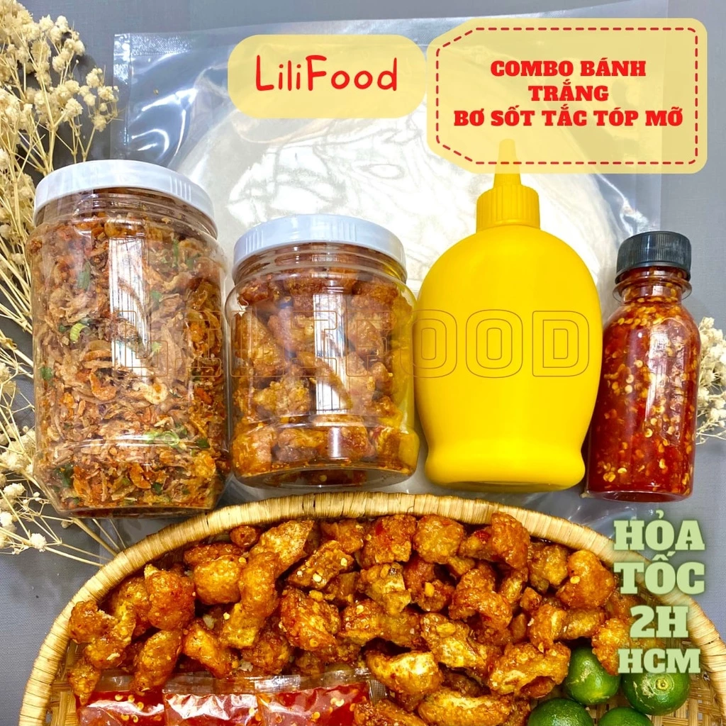 COMBO Bánh Tráng Phơi Sương - Muối Tôm Hành Phi - Chai Bơ Trứng Gà Siêu Béo - Tóp Mỡ - Sốt Siêu Ngon LiliFood