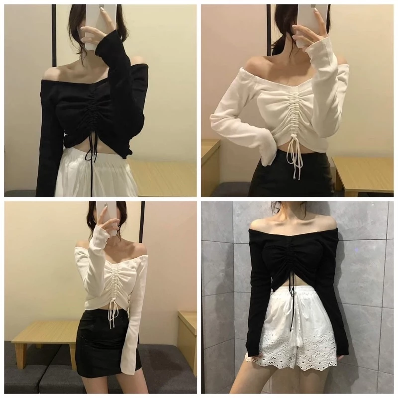 Áo kiểu thun croptop nữ trễ vai tay dài rút dây cực dễ thương