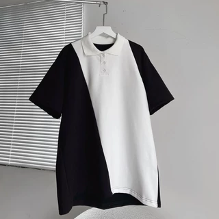 Áo Polo Unisex Tay Lỡ Form Rộng Phối Chéo Chất Cotton Cá Sấu Loại 1 Mềm Mịn Thoáng Mát