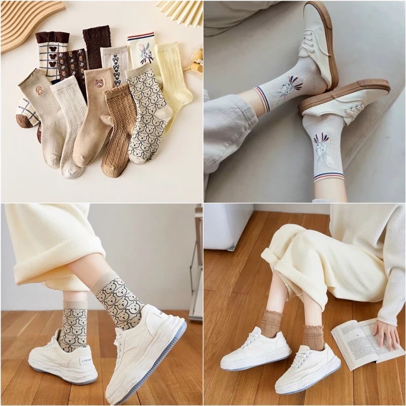 Sét 5 Đôi Tất dệt kim cổ cao thêu hình Phong Cách Vintage Hàn Quốc Mẫu tt17 { u512 }