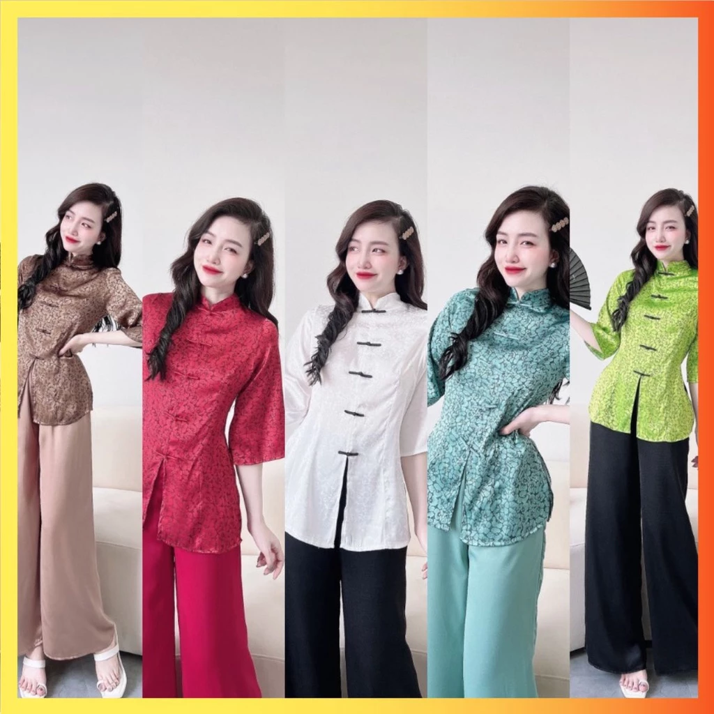 Áo bà ba lụa gấm vân trơn đi lễ chùa thiết kế cách tân đồ lam áo dài trơn phi bóng, áo dài lụa thêu hoa
