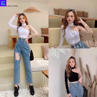 Ms19 áo croptop tay dài lệch vai cutout ngực sexy