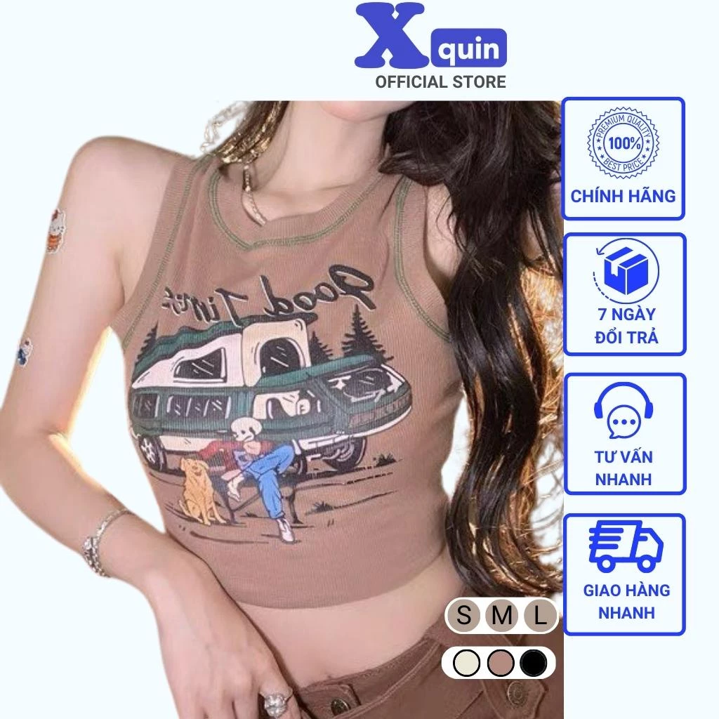 Áo croptop ba lỗ nữ in hoạ tiết Good Time Xquin, Áo sát nách viền chỉ màu in hình nổi bật