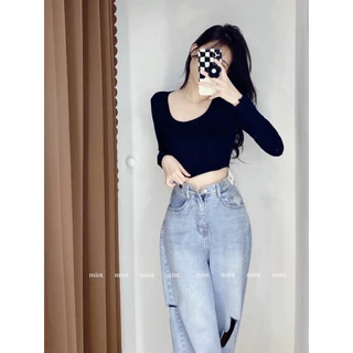 Áo thun croptop nữ tay dài trơn nhiều màu cổ vuông UT