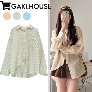 ÁO SƠ MI DÁNG RỘNG KẺ SỌC VẠT LỆCH DÀI TAY STYLE ULZZANG