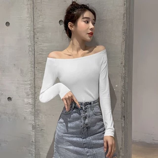 ÁO TRỄ VAI TAY DÀI CROPTOP MẶC 4 MÙA CHẤT THUN TĂM TÔN DÁNG HÀN QUỐC BABYDOLL HỞ VAI TRẮNG, ĐEN- A0001