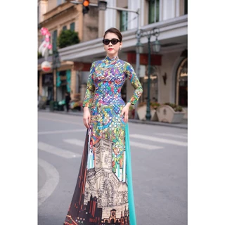 Áo dài nữ lụa Nhật truyền thống MINH KHANG in 6D may sẵn trung niên thiết kế họa tiết hoa với in hình