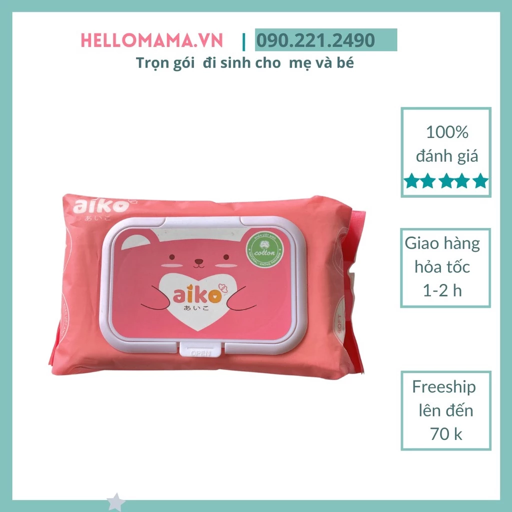 Khăn Ướt Cho Bé AIKO -màu hồng -chiết xuất nha đam ( 100 tờ ) không mùi,không cồn, dùng thay tã cho bé-Hellomama.vn