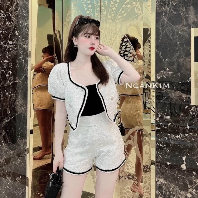 SET XỐP VÂN HOA Carroll NỮ ♥ FREESHIP ♥ - Bộ Hè Khuy Cài tag Ngọc Trai Mix Quần Short Họa Tiết Dập Nổi Sang Chảnh