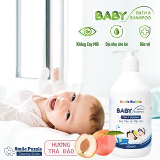 SỮA TẮM GỘI TOÀN THÂN CHAI 500ml EM BÉ KHÔNG CAY MẮT 3IN1 HƯƠNG ĐÀO THƠM MÁT SMILE BUBBLE