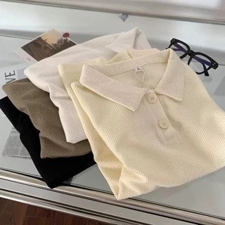 Áo thun có cổ polo nữ IKAO thun cotton tổ ong thoáng mát oversize nhiều màu