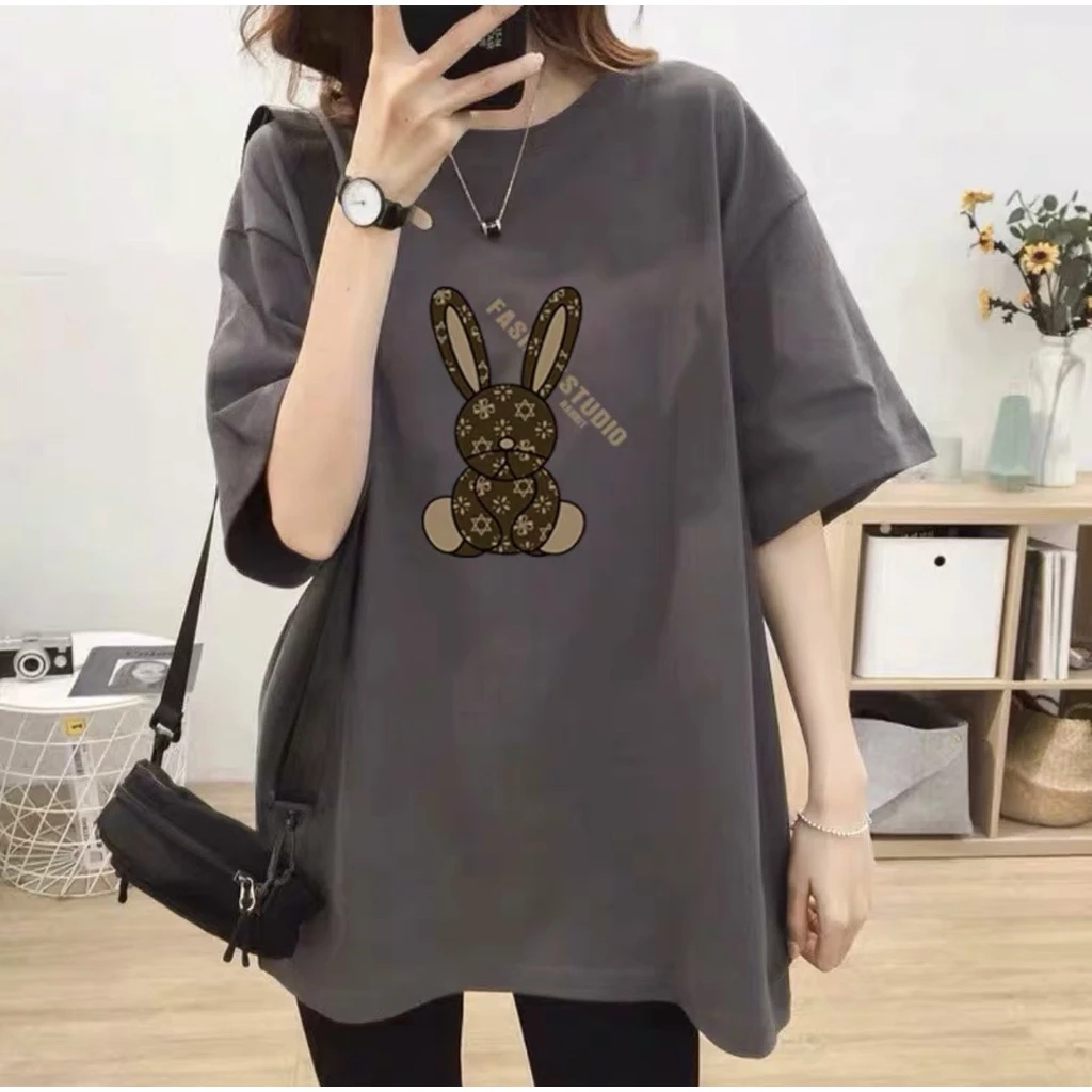 Áo phông thun 3158 nam nữ KONOVA form rộng dấu quần in hình thỏ lv chất liệu cotton thoáng mát